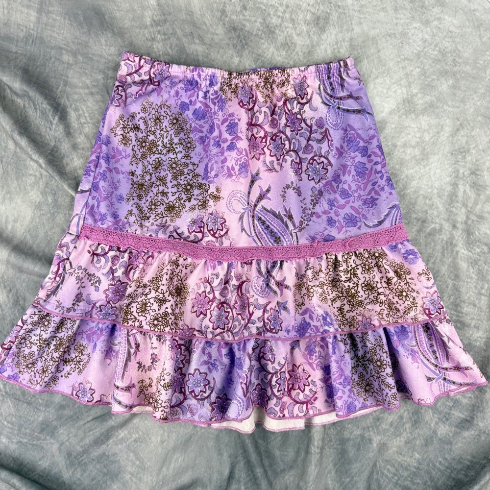 Purple Paisley Floral Tiered Ruffle Skirt Y2K Crochet Trim Cherokee L 10/12